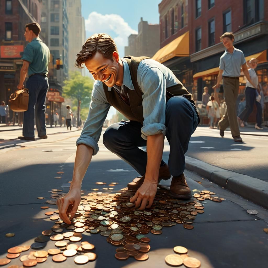 Joyful Man Finds Penny in Whimsical Cityscape
