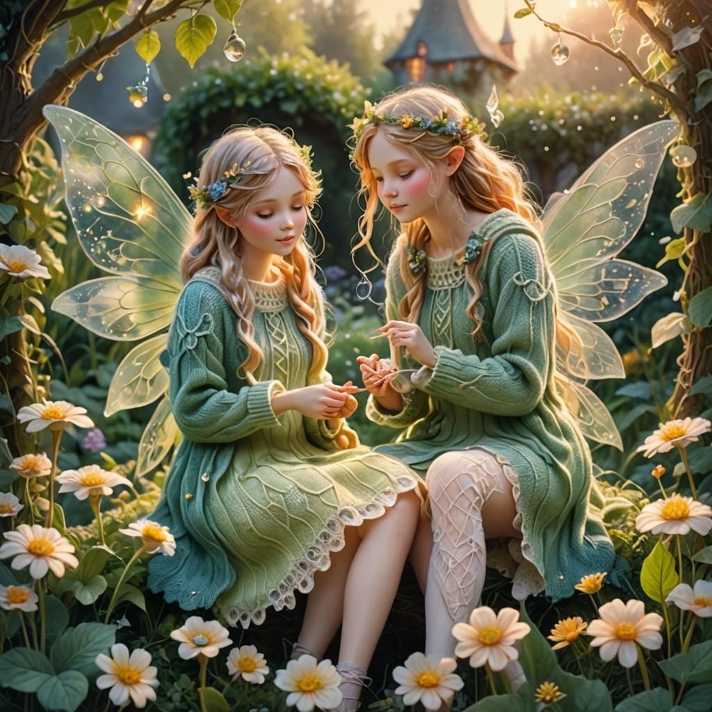 Fairies Knitting Sweaters in Whimsical Garden Art