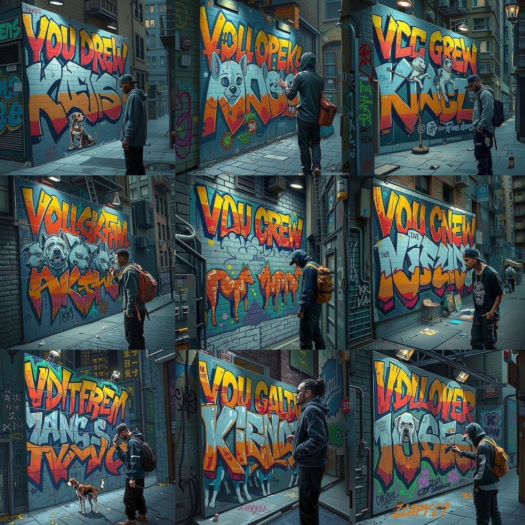 Rapper and Graffiti Artist with Symbolic Dogs in Neon Citysc...