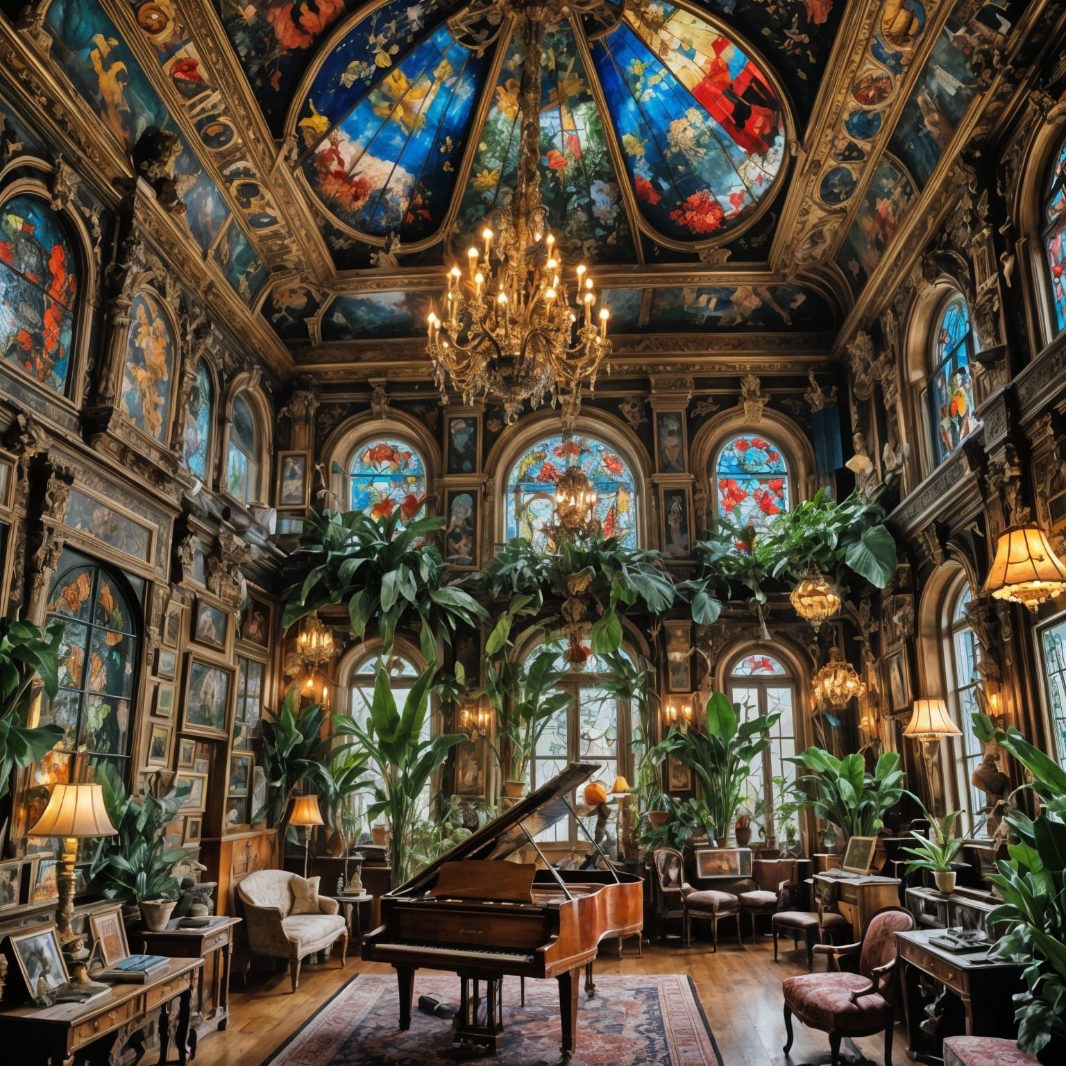 Maximalist Ornate Room with Plants and Piano