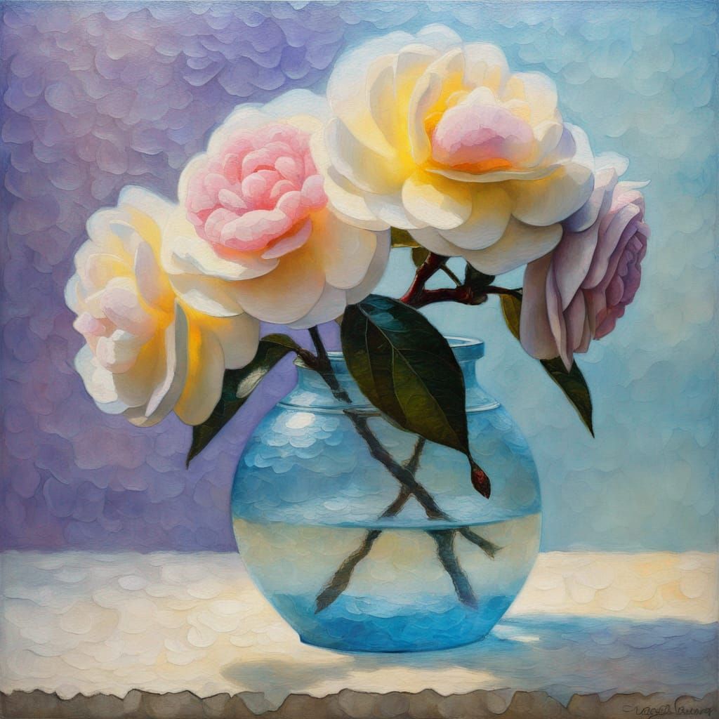 Camellia Flowers in Frosty Vase: Impressionist Oil Painting
