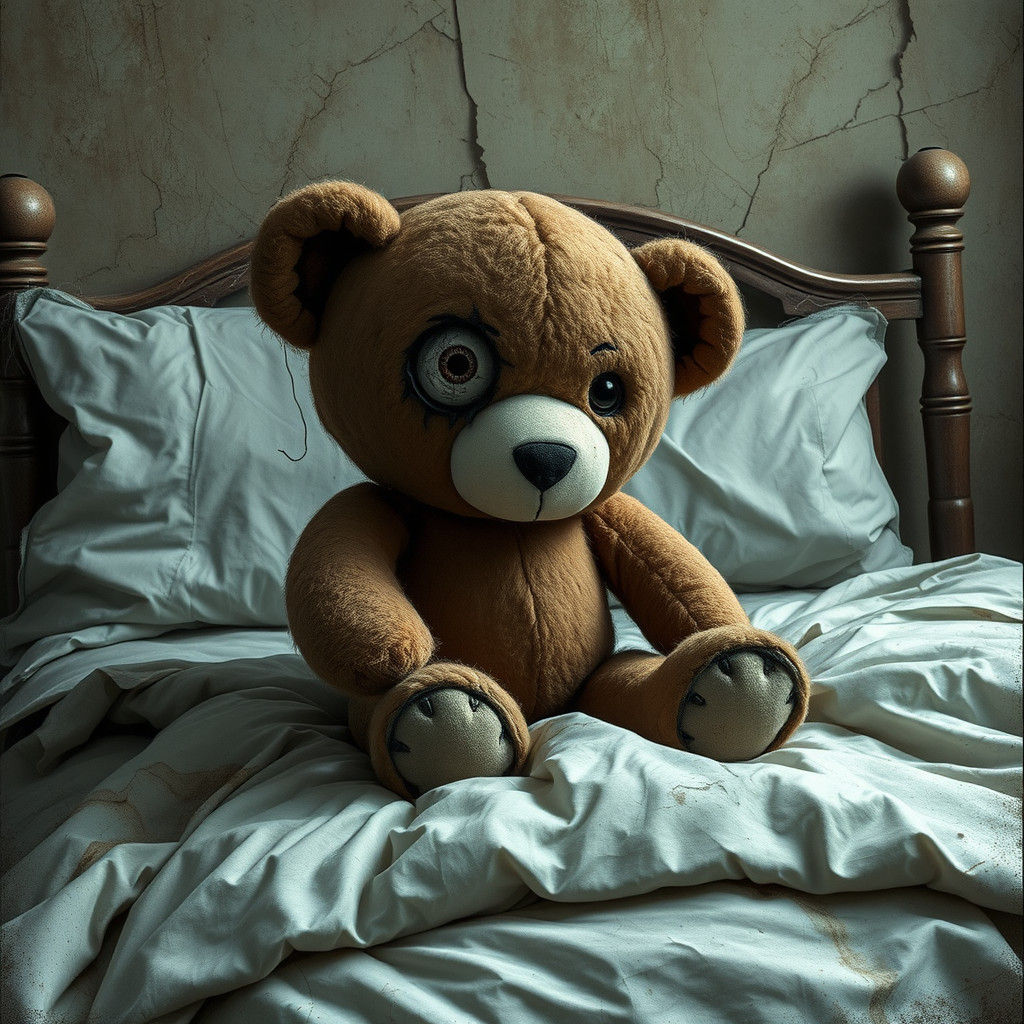 Haunting Plush Bear on Decaying Bed