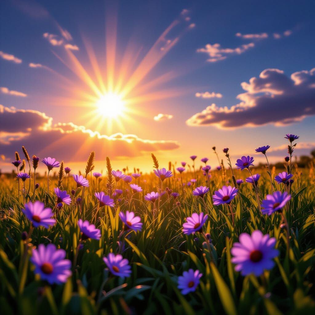 Vibrant Sunset Sky Over Dark Green Grass with Purple Flowers