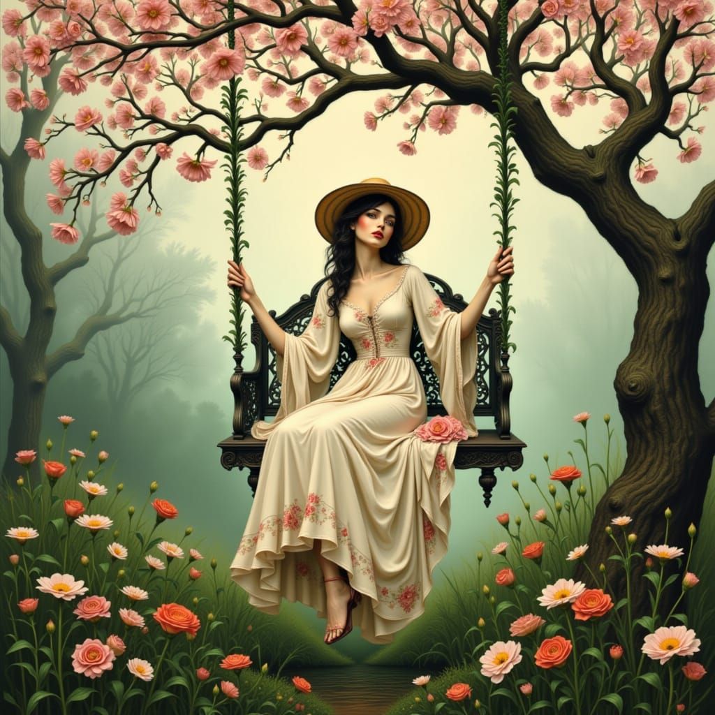 Woman in Enchanted Springtime Swing, in the Style of Impress...