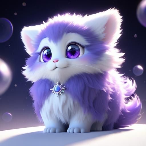 Fluffy Creature with Purple Eyes in 3D Anime Style