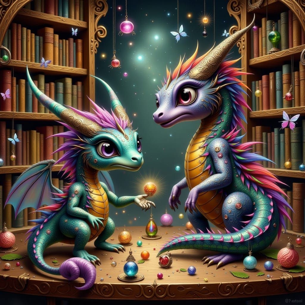 Whimsical Bookshelf World with Chubby Dragons and Shiny Trea...