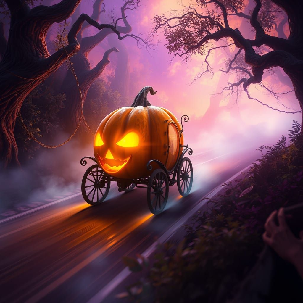 Vibrant Pumpkin Carriage Speeds Down Mystical Racing Track