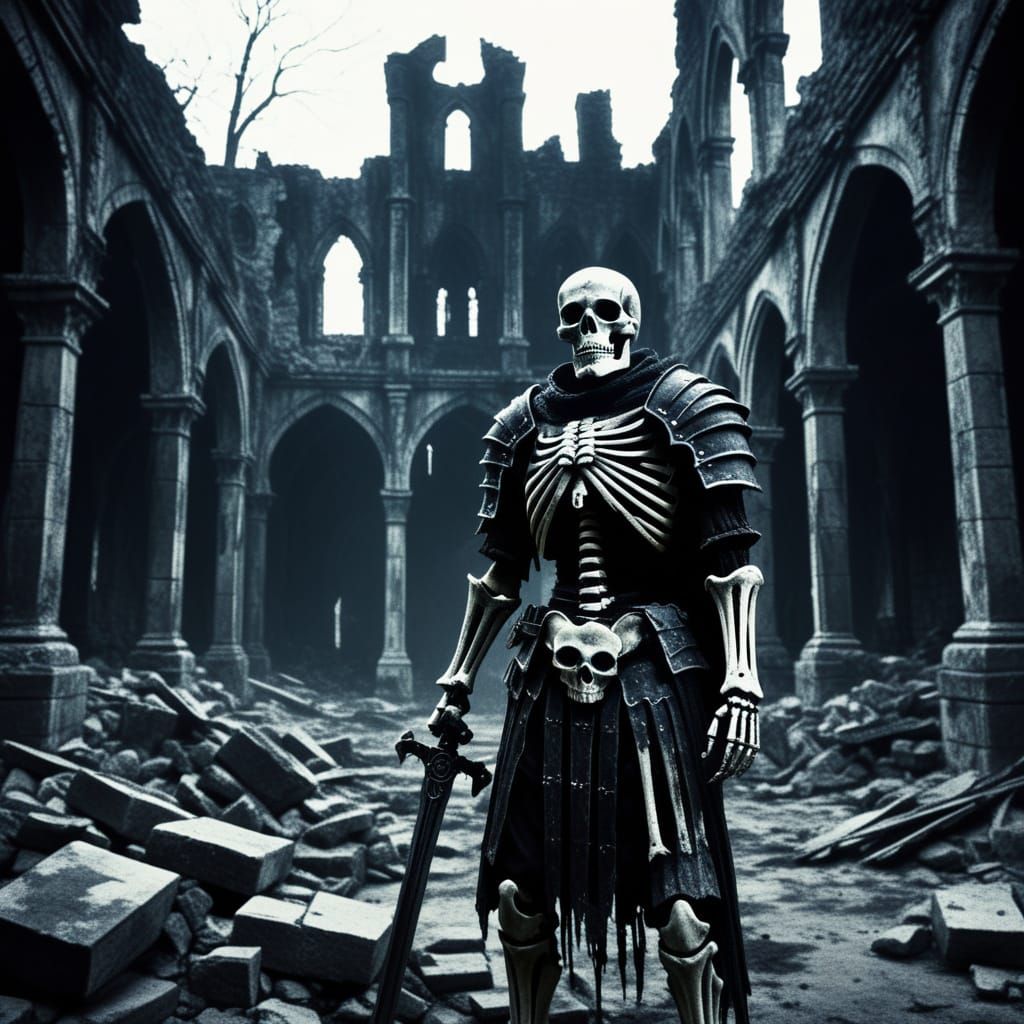 Skeleton Warrior in Gothic Ruin, Charcoal Drawing Style
