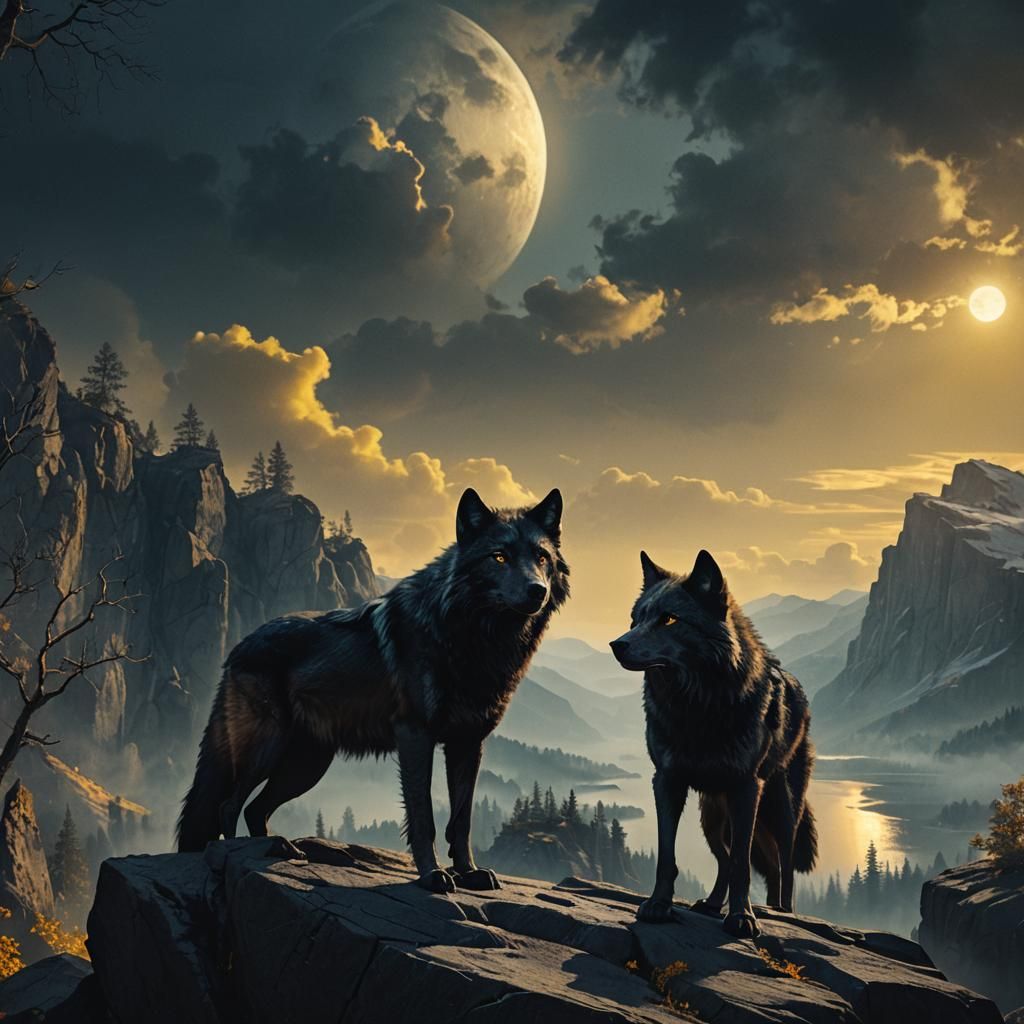 Cinematic Black Wolf on Rock in Moonlight