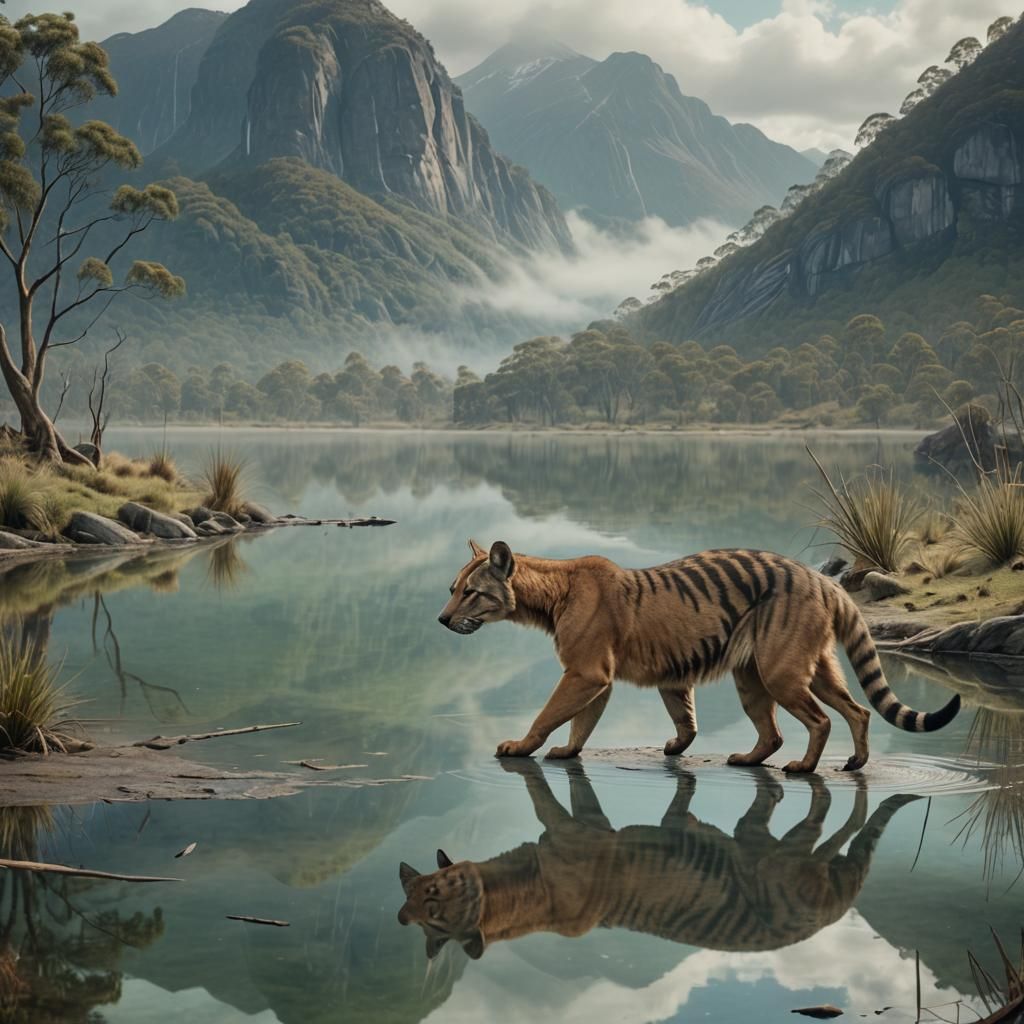 Tasmanian Tiger Boops Reflection in Misty Lake