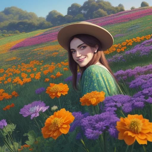 Smiling Couple in Flower Field: Dreamlike Matte Painting