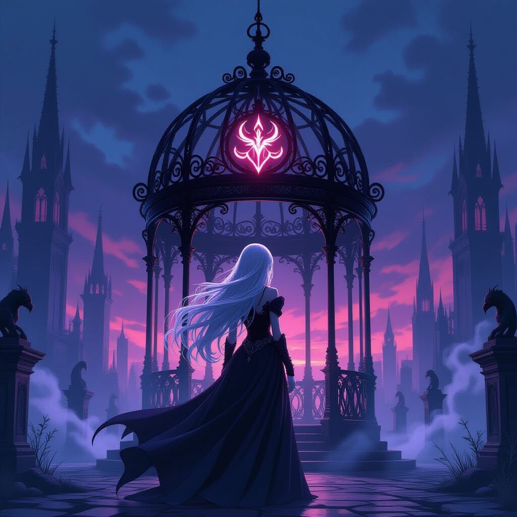 Anime Woman Before Obsidian Birdcage in Gothic Fantasy Art