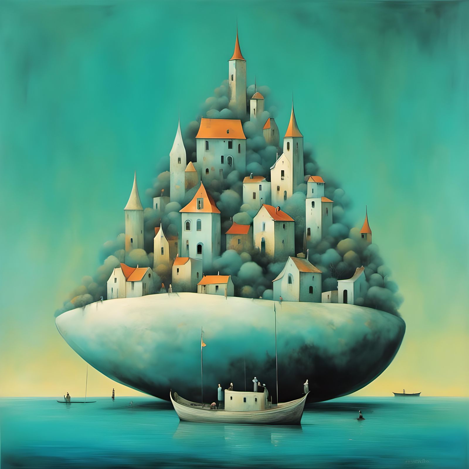 Surreal Island Houses on Boat in Dreamy Style