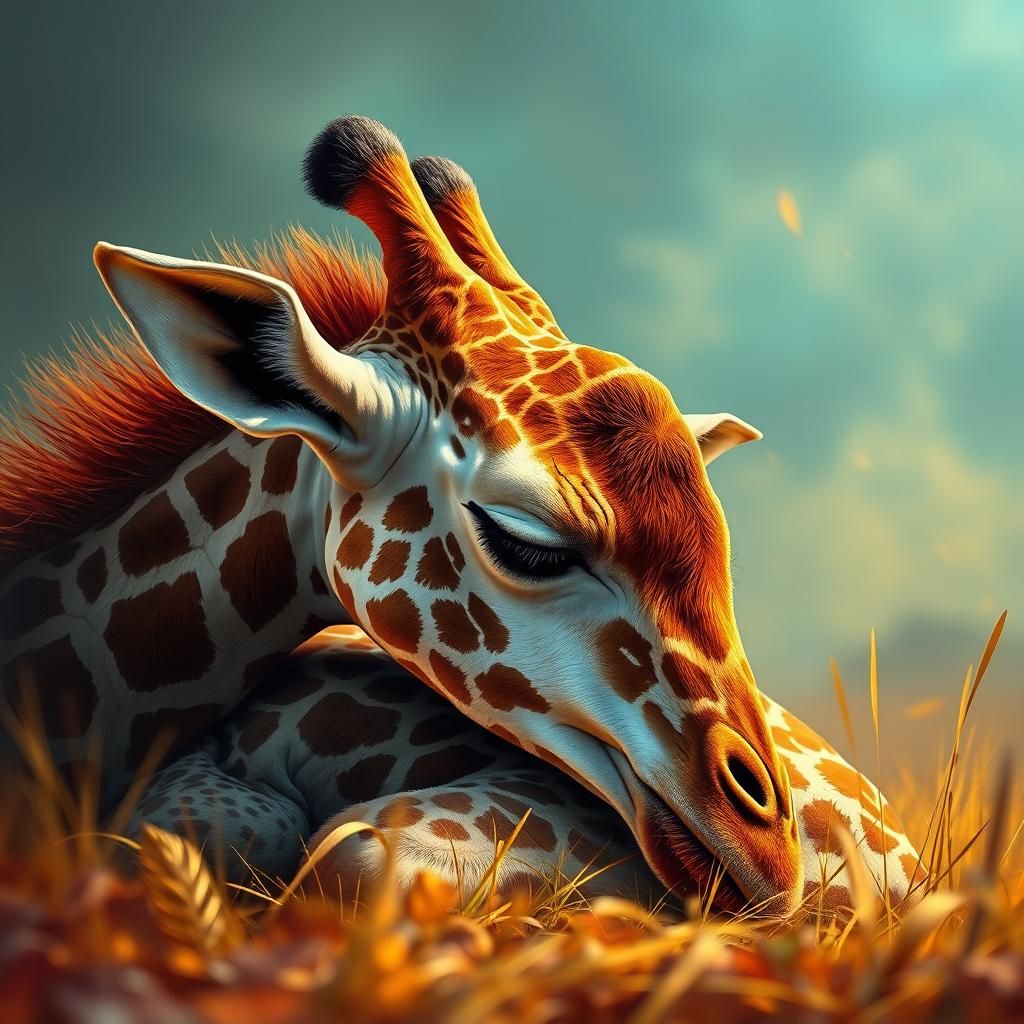 Baby Giraffe Sleeping in Savanna: Hyperrealistic Splash Art