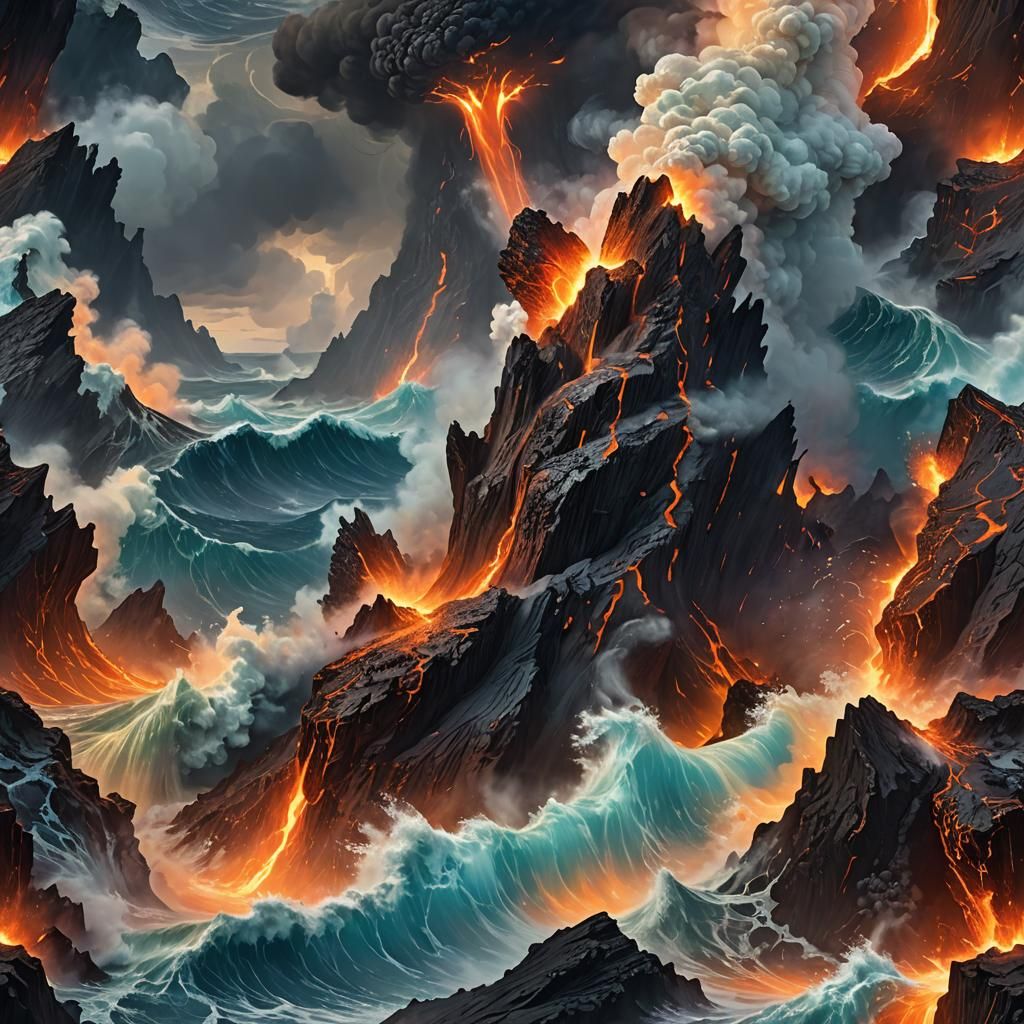 Volcanic Monolith Erupts from Ocean: Hyperrealistic Art