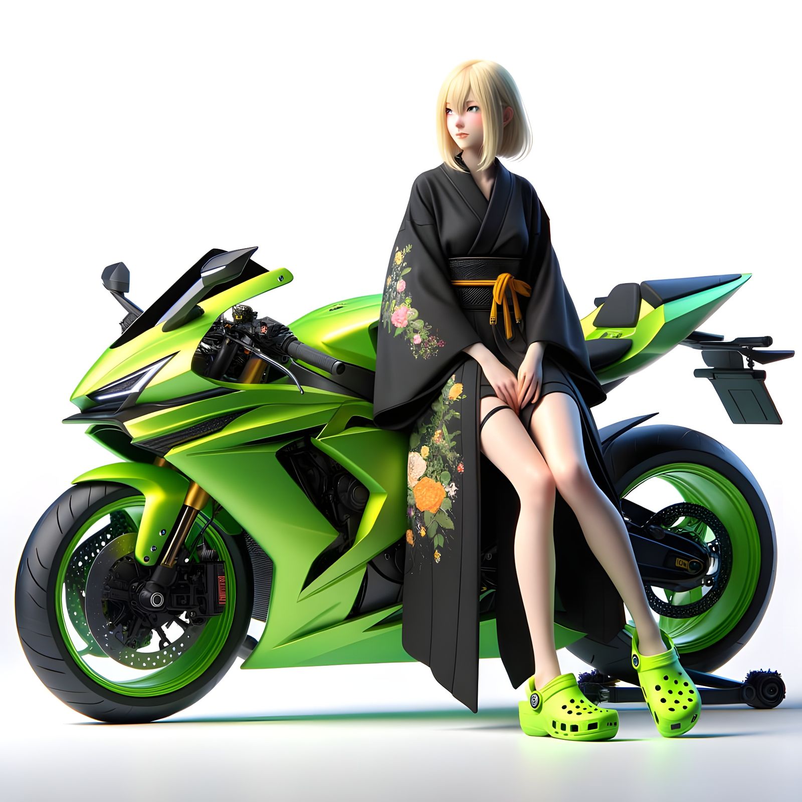 Anime Style Woman on Neon Motorcycle