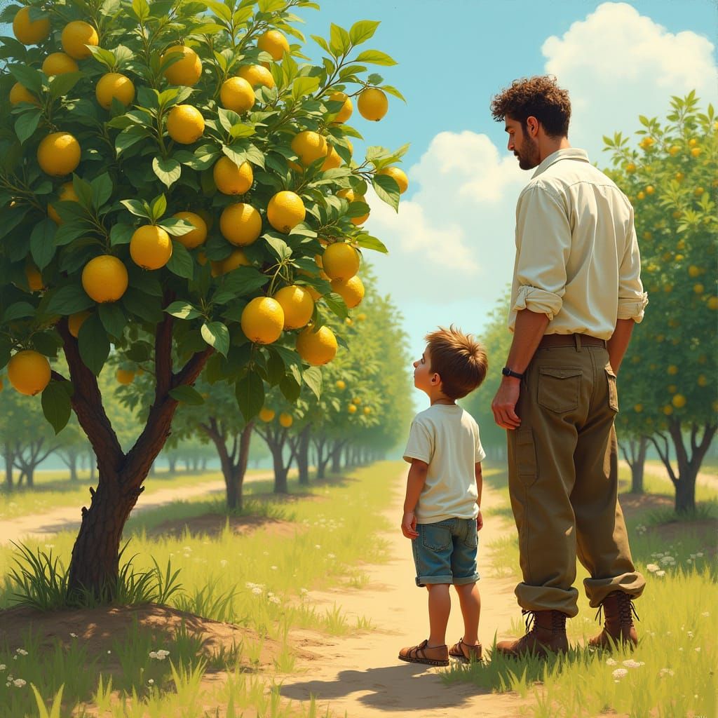 Boy Learns From Father Beside Lemon Tree