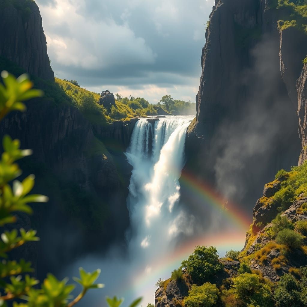 Majestic Waterfalls with Golden Sunlight and Rainbow Mist