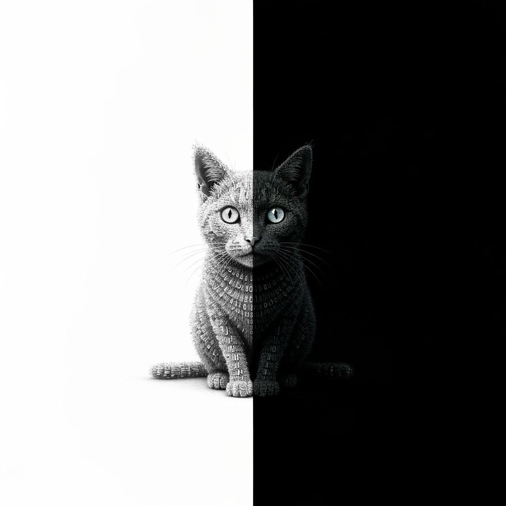 Cyberpunk Cat Made of Glowing Code in Pointillist Style