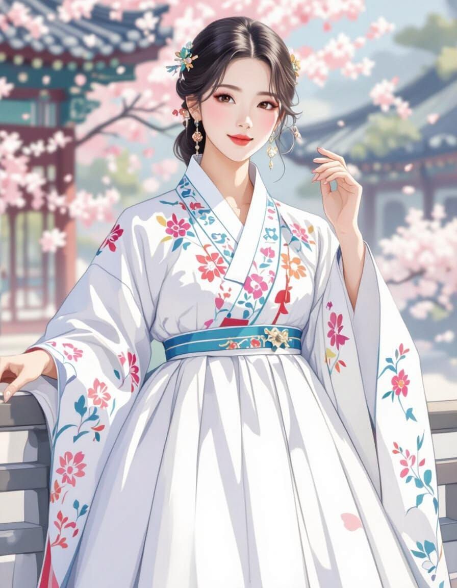 Korean Woman in Ornate Hanbok, Digital Art Style