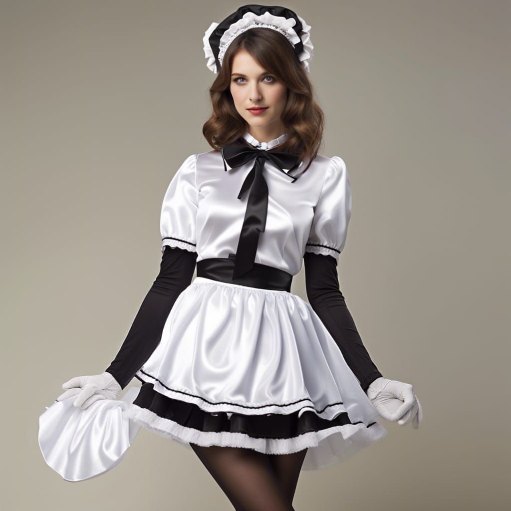 Young Woman in Satin French Maid Uniform