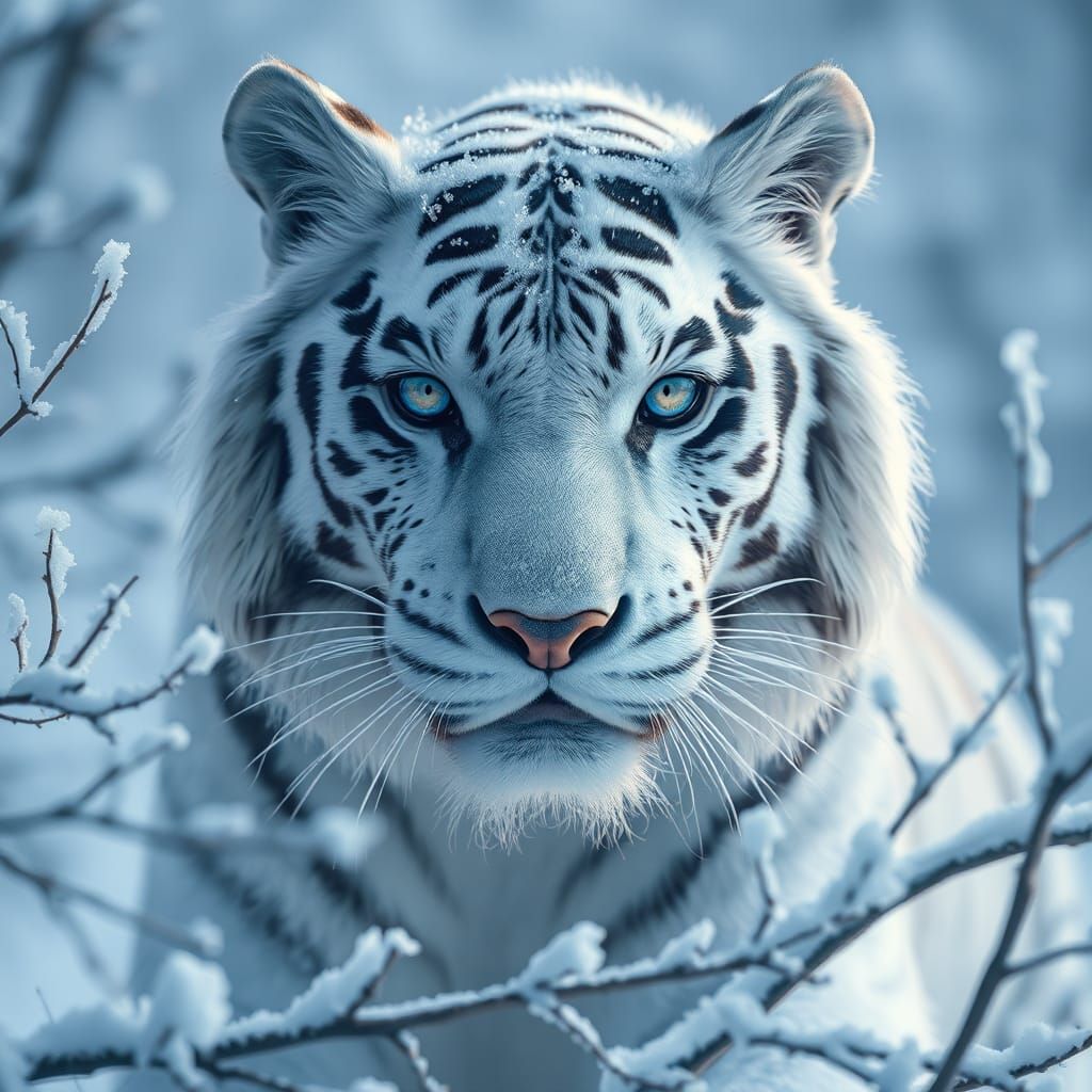 Icy White Tiger in Winter Landscape