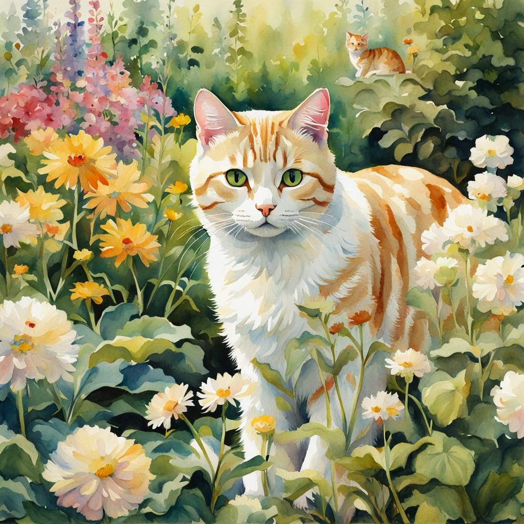 Tabby Cat in Waterhouse-Style Anime Garden