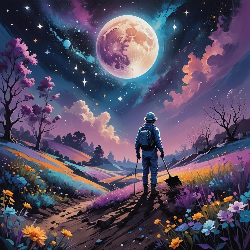 Gardener Cultivating Stars in Surreal Lunar Landscape