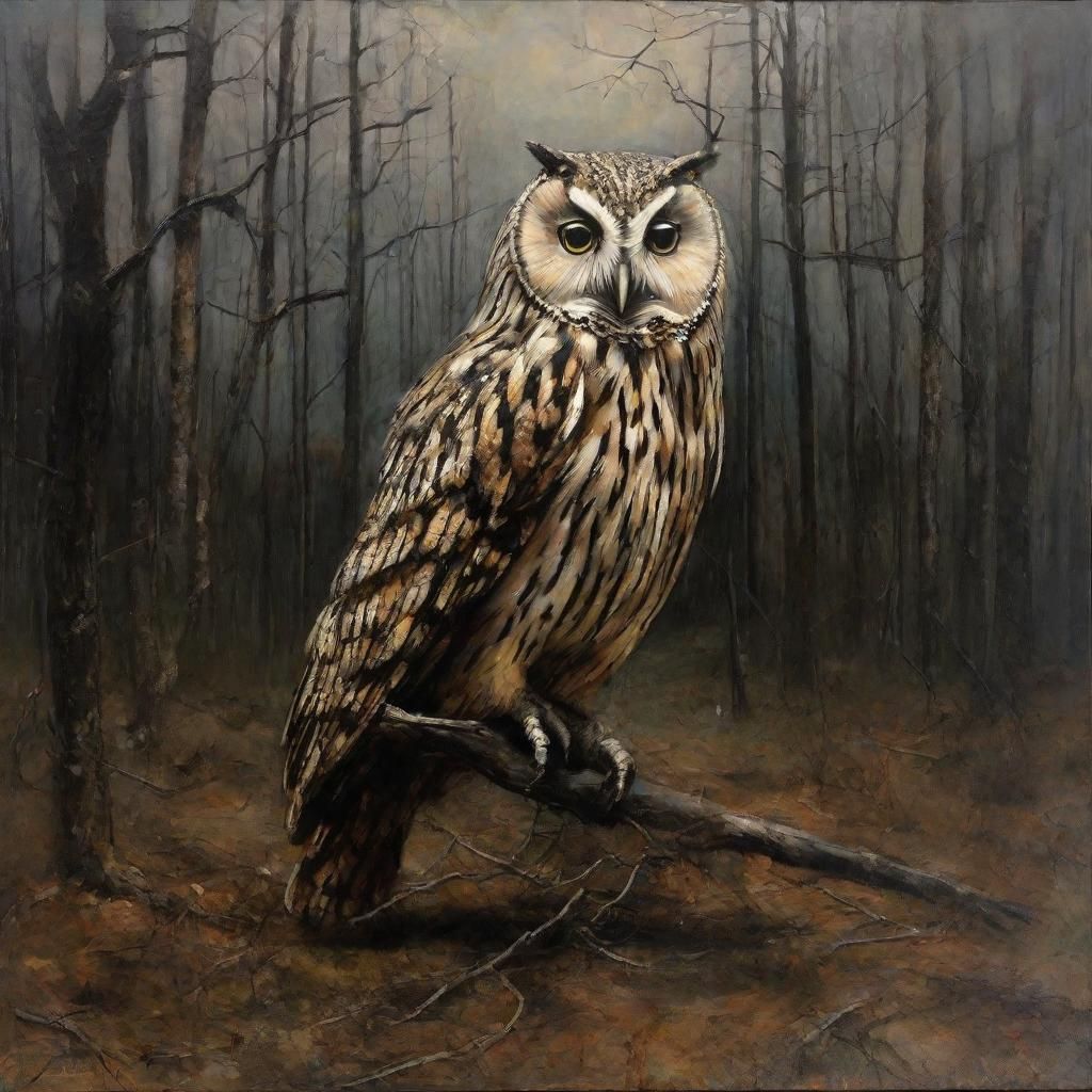 Disturbing Owl in Woods: Horror Oil Painting