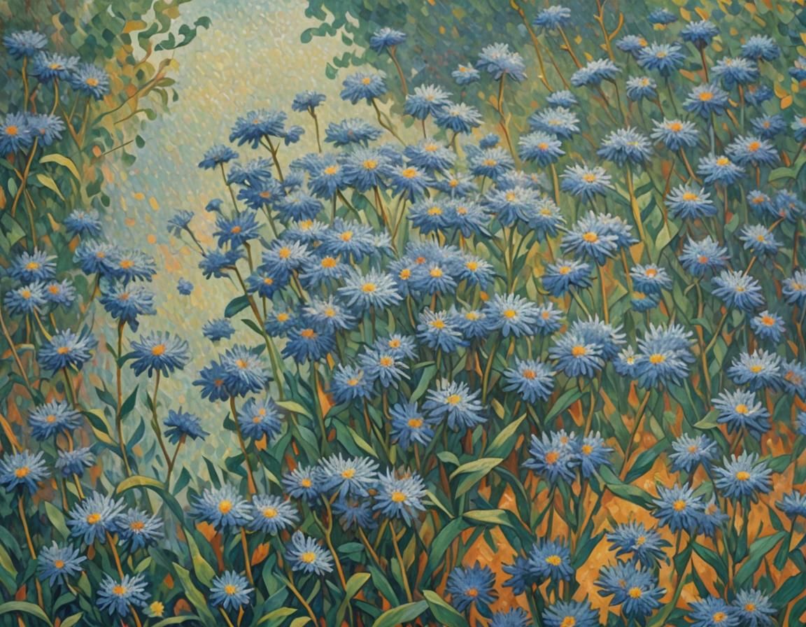 Blue Asters in Pointillism Style
