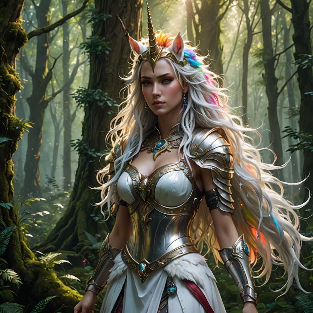 Rainbow Unicorn Woman in Forest, Fantasy Art
