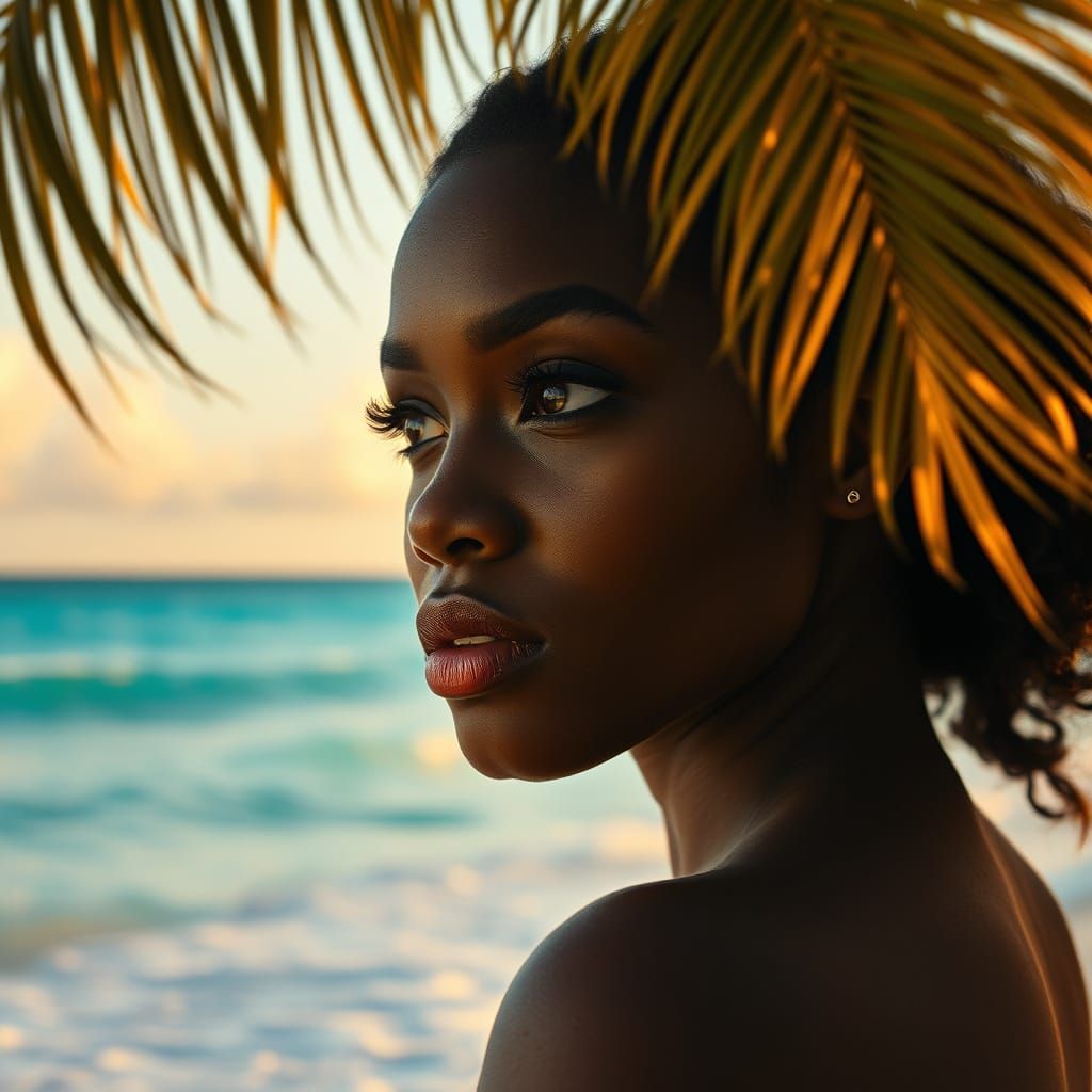 Elegant Black Woman Stares Out at Tropical Sunset