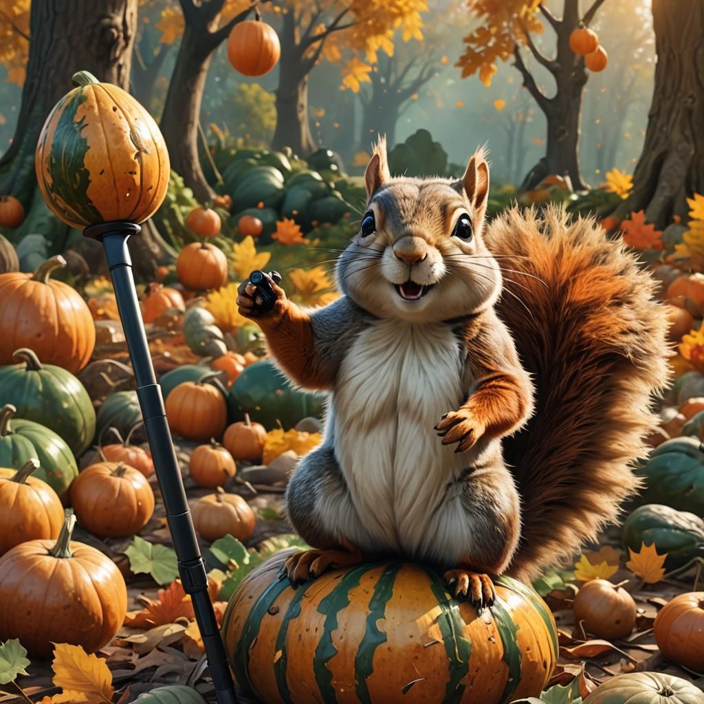Squirrel Selfie with Gourd: Hyper-Realistic Digital Painting