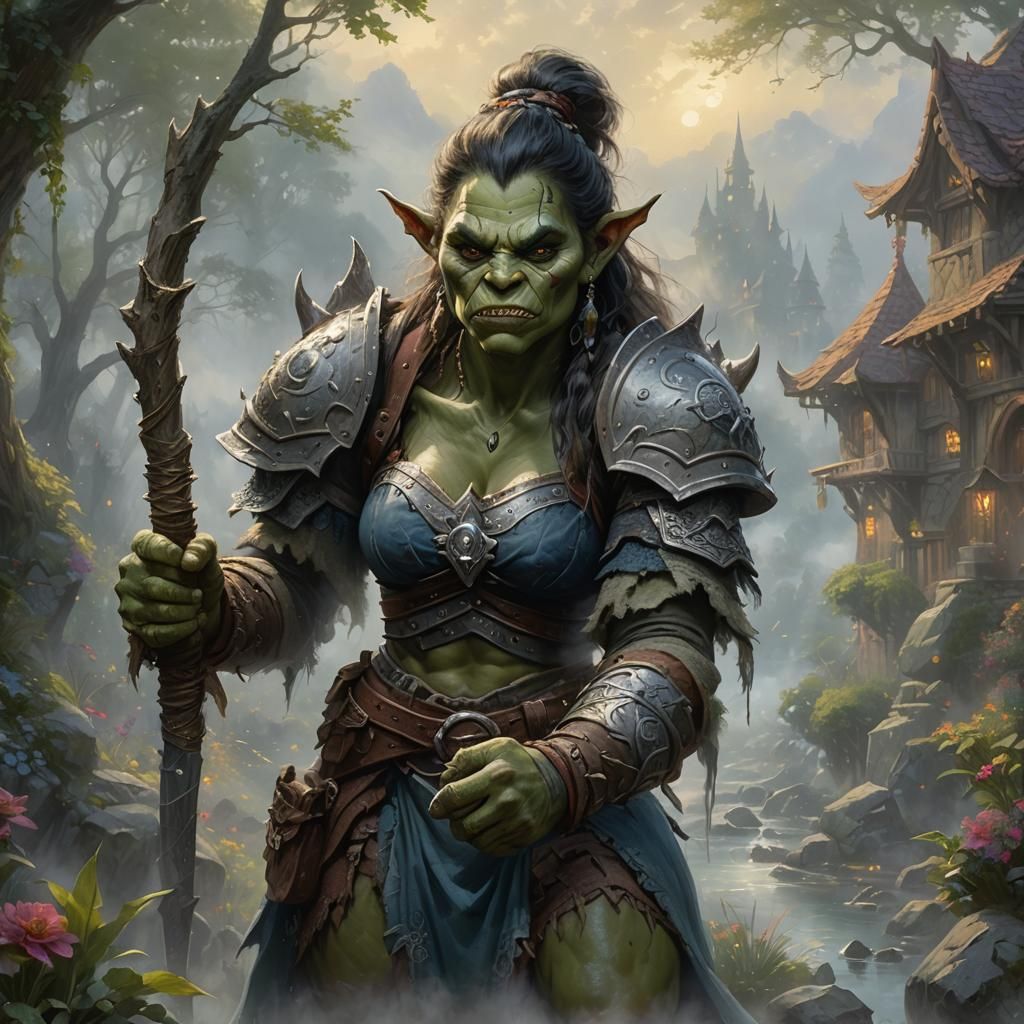 Ethereal Female Orc in Hyperdetailed Fantasy Landscape