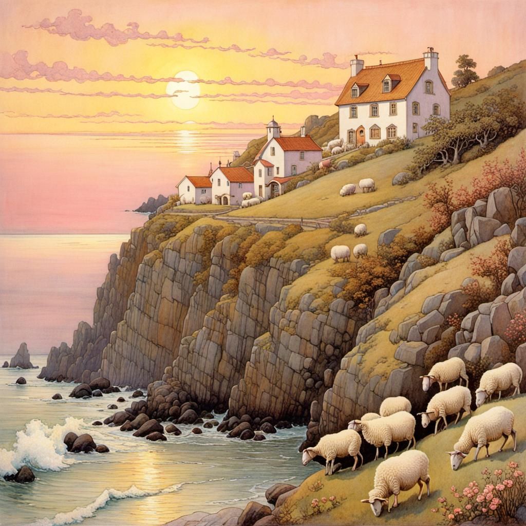 Seaside Cliffs Sheep in Evening Light Digital Painting
