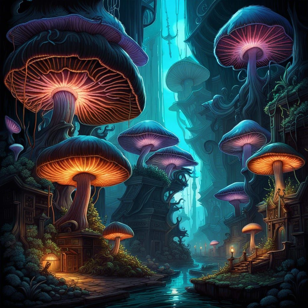 Breathtaking Bioluminescent Mushroom City in Psychedelic Sty...