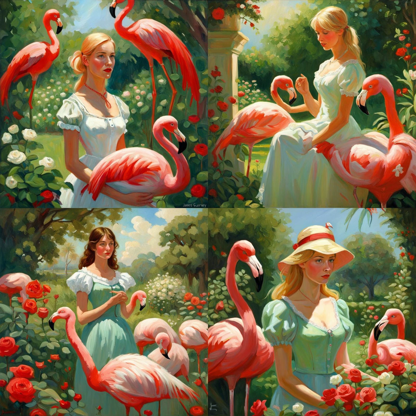 Alice and Flamingo in Rose Garden, Oil Painting