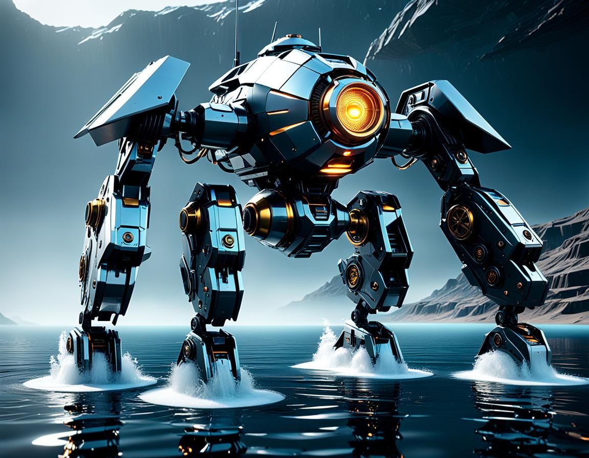 Mech Walking on Water in Sci-Fi Landscape