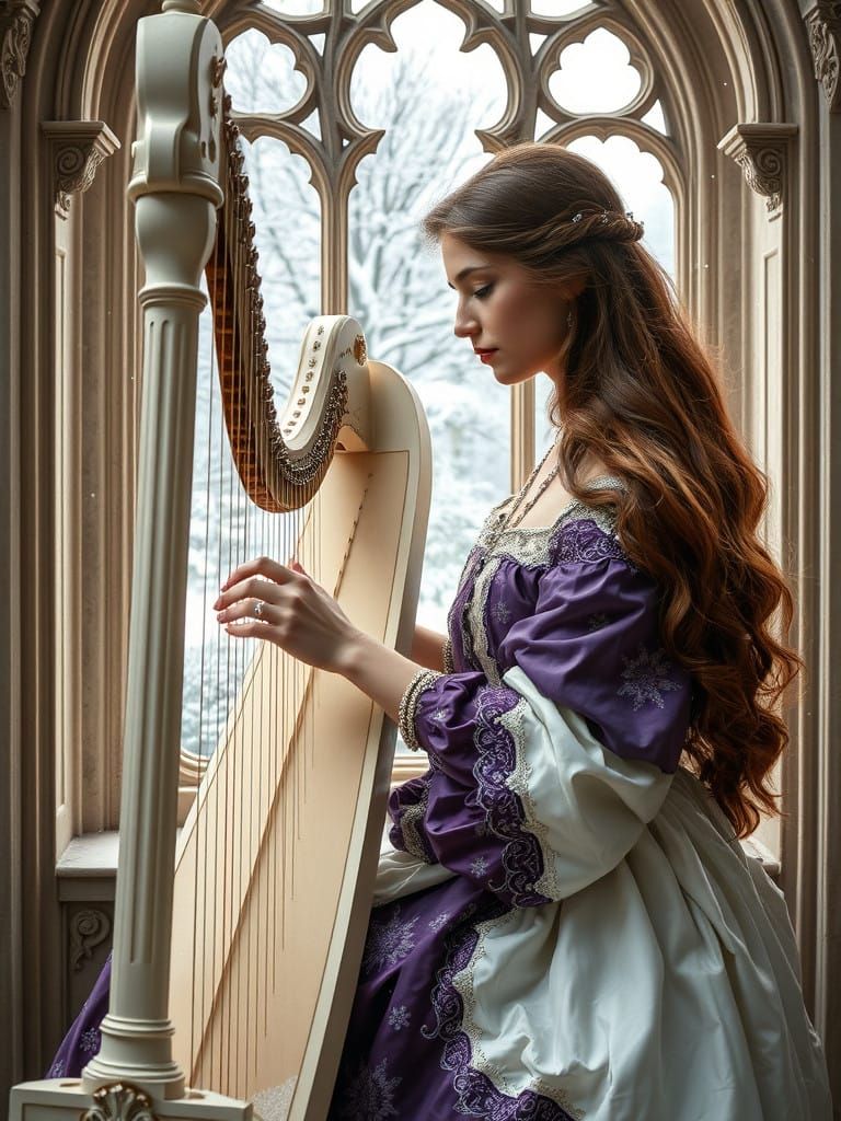 A Pre-Raphaelite Woman Serenades an English Winter Garden