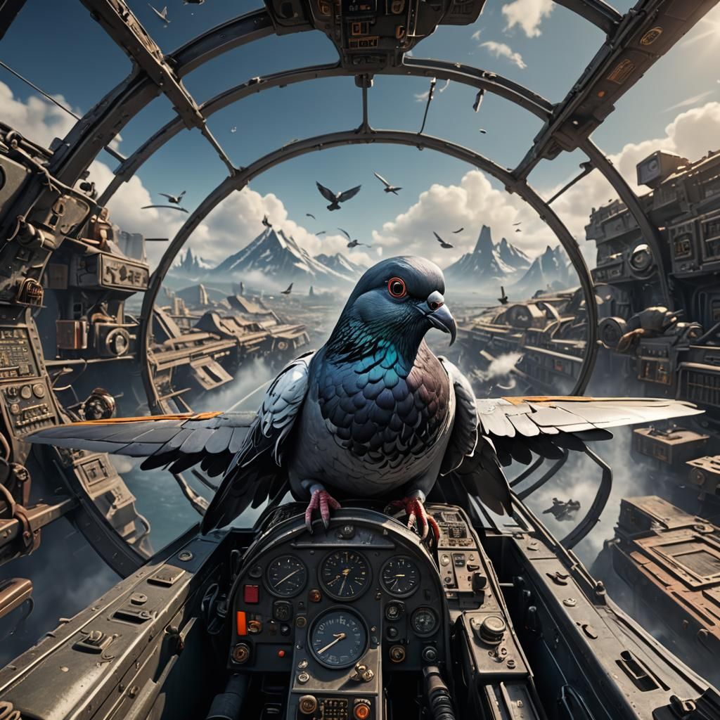 Pigeon Pilot in Airplane Cockpit: Detailed Fantasy Art