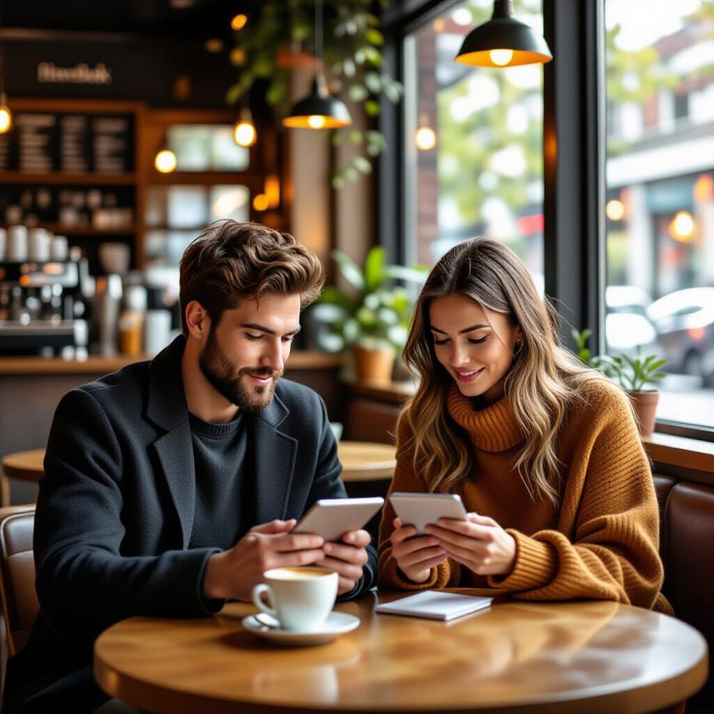 Cozy Coffee Shop Scene: Couple Reading on Tablets