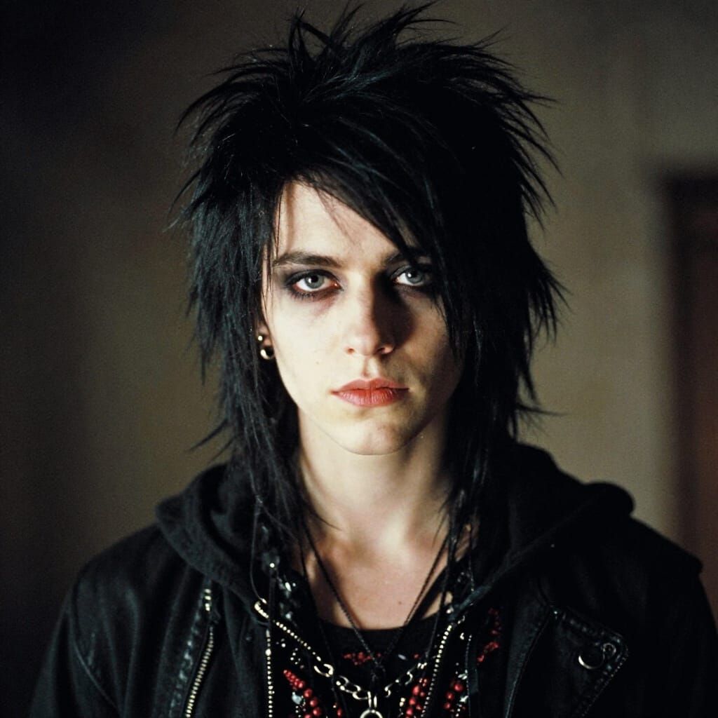 Youthful Emo Boy with Fluffy Hair in Gothic Style