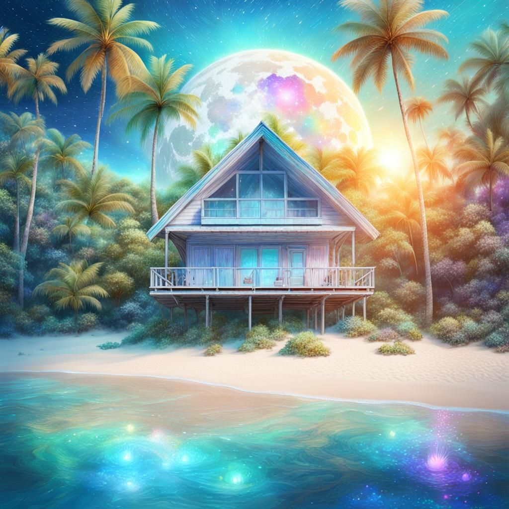 Tropical Beach Cottage in Astral Illustration Style