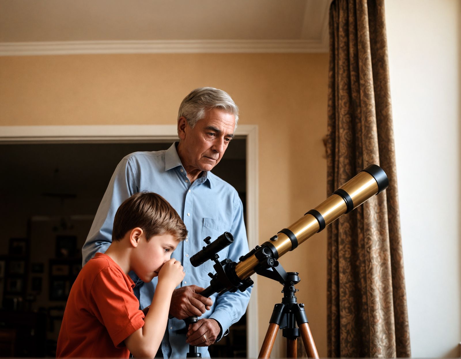 Boy and Grandfather Stargazing in Cinematic Hyperrealism