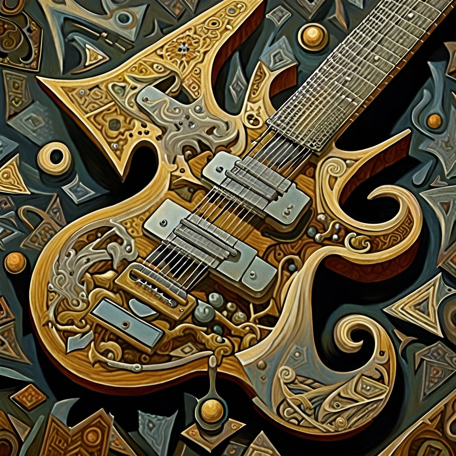 Surreal Electric Guitar Oil Painting in Cubist Style