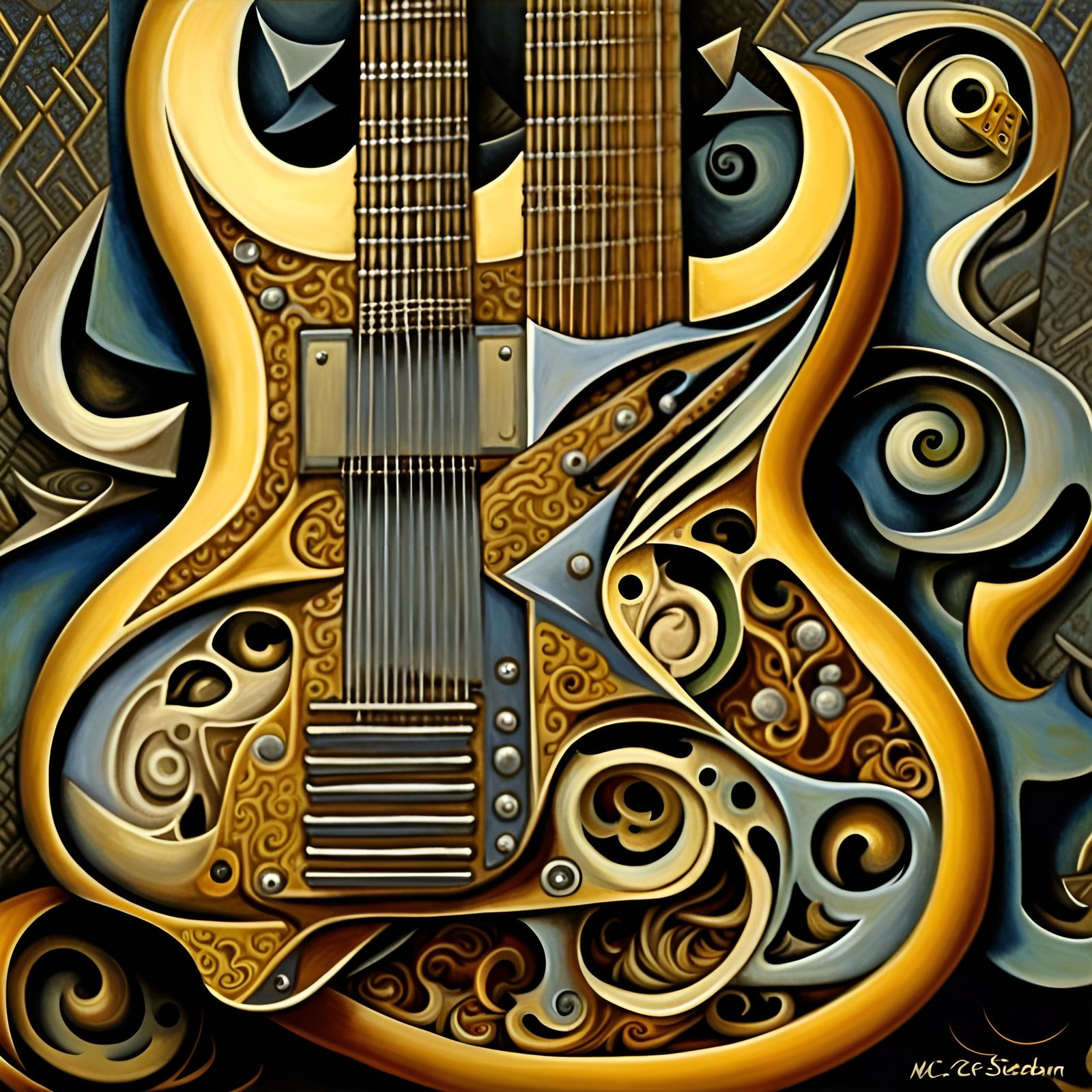 Surreal Electric Guitar Oil Painting in Cubist Style