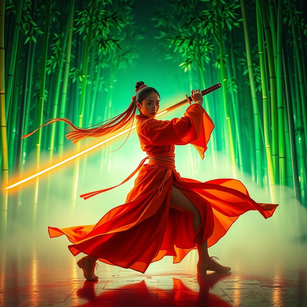 Neon Sword Maiden in Glowing Bamboo Forest