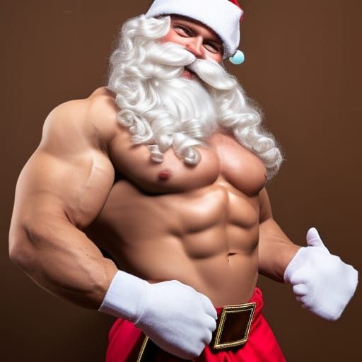 Muscular Santa Claus with Six-Pack and Gifts