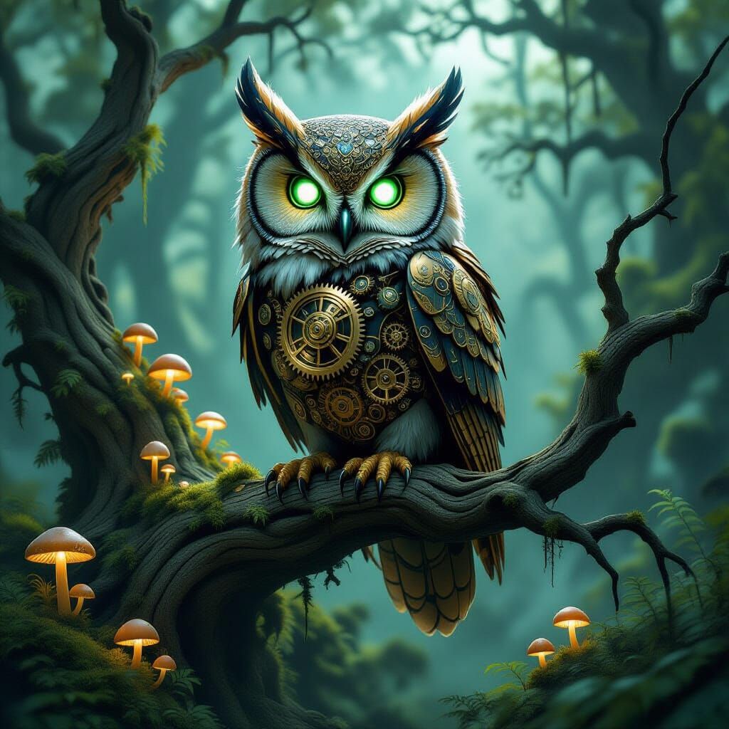 Clockwork Owl with Emerald Eyes on Ancient Branch