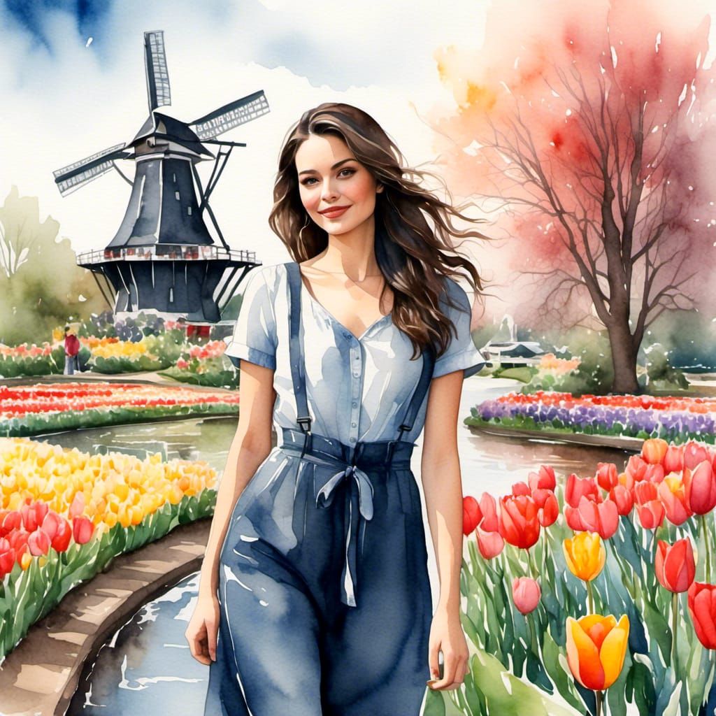 Woman Posing in Keukenhof Tulip Fields as Watercolor